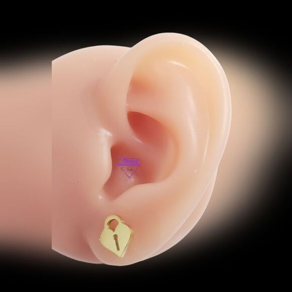 Gold Titanium Lock and Key Stud Pushback Earrings. - Picture 11 of 14